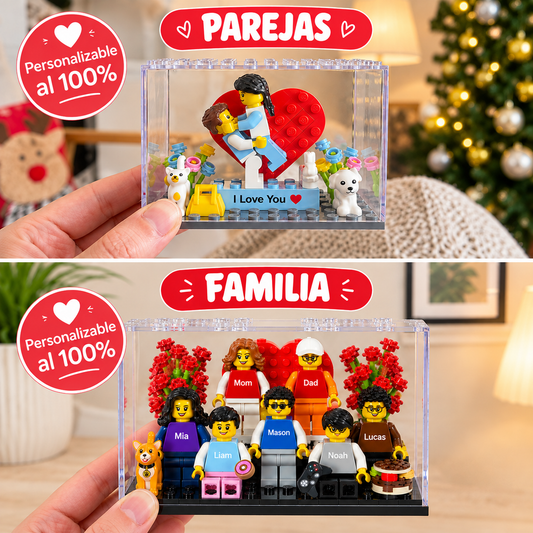 Figuras de bloques personalizadas de pareja y de familia dentro de su vitrina, personalizables al 100%